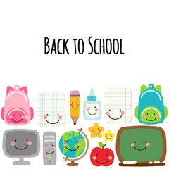 Cute Back to school banner design with colorful funny cartoon characters, education theme background