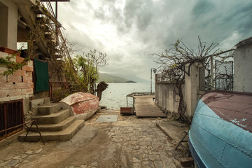 On the cobbled streets with inverted boats, which leads to the Desire Bridge near Ohrid Lake....