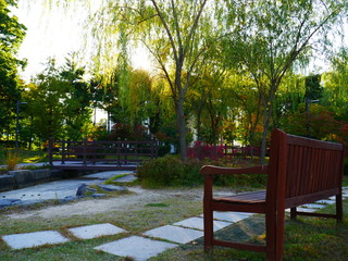 따스한 햇살이 비치는 벤치