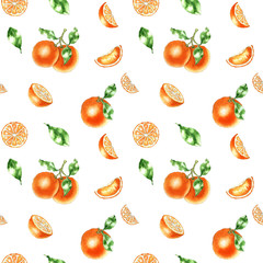 Hand painted seamless pattern. Watercolor orange fruit, leaf, slice, .illustration perfectly isolated on a white background. Fruit background design for natural food, cosmetics, perfume, beauty produc