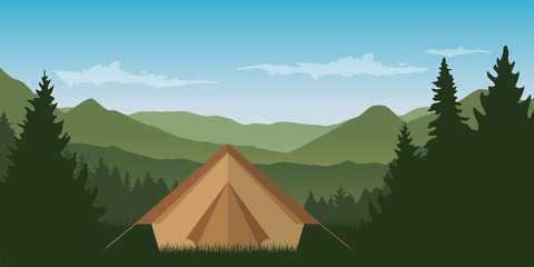 camping adventure in the wilderness tent in the forest vector illustration EPS10