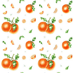 Hand painted seamless pattern. Watercolor orange fruit, leaf, slice, .illustration perfectly isolated on a white background. Fruit background design for natural food, cosmetics, perfume, beauty produc