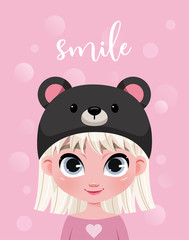 Cute little girl character in hat on pink background with bokeh. Template for card, poster, your design.