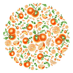 Hand painted watercolor orange round design for natural food, sweets, pastries, dessert menu, beauty and health care products. Can be used for invitation, banners, cover design, packaging templates