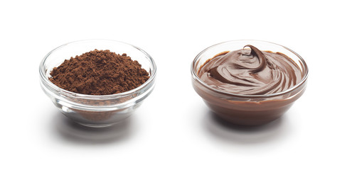 Chocolate powder and melted chocolate isolated