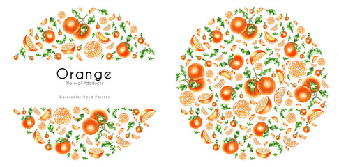 Hand painted watercolor orange round design for natural food, sweets, pastries, dessert menu, beauty and health care products. Can be used for invitation, banners, cover design, packaging templates