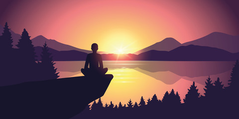 person enjoy the silence at purple mountain nature landscape by the lake at sunset vector illustration EPS10