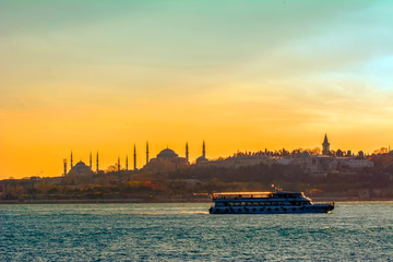 Muslim architecture and water transport in Turkey - Beautiful View touristic landmarks from sea...