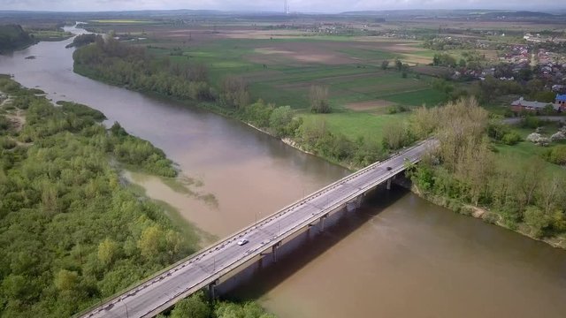 Aerial view of Dnister river and two bridges in town of Halych in Ukraine.