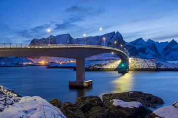 Classic Norwegian bridge, great evening winter landscape
