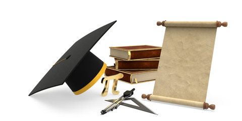 3d graduation cap and diploma on white background