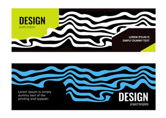 Set Horizontal color banners with bright waves on black background. Design abstract web banners. Universal template for a web site with text. 