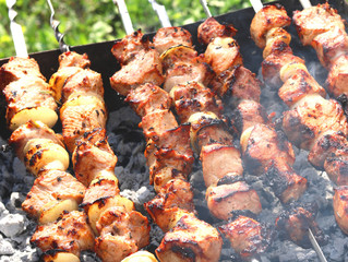 Barbecue skewers with juicy appetizing delicious meat closeup