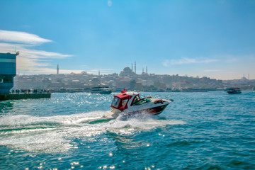 Muslim architecture and water transport in Turkey - Beautiful View touristic landmarks from sea...