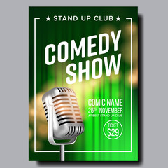Banner Flyer To Stand Up Show In Night Club Vector. Vintage Radio Microphone, Green Curtain On Background Poster With Date, Ticket Price And Place Humor Show. Amusing Concert Realistic 3d Illustration