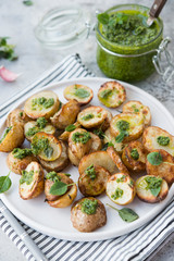 Baked potatoes in rustic style with green pesto sauce