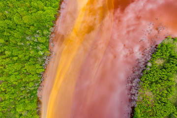 Aerial view of red waste water and green forest