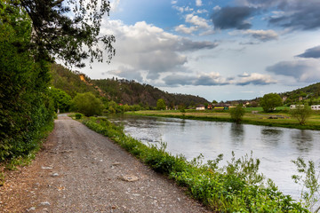 View of picturesque landscape of green hill and Berounka river. Czech Republic.