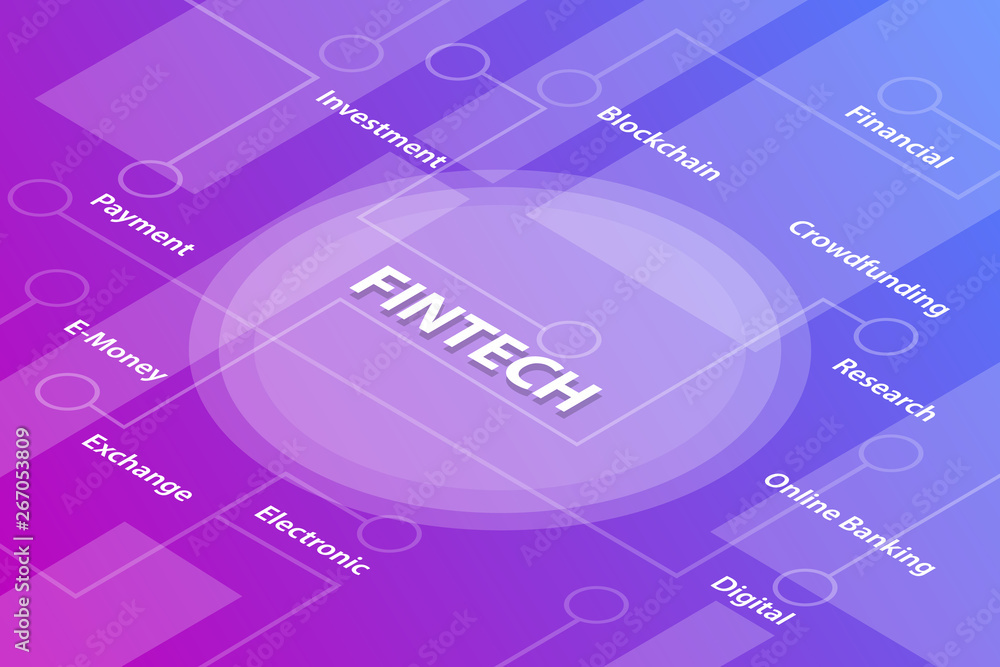 Poster fintech financial technology words isometric 3d word text concept with some related text and dot con