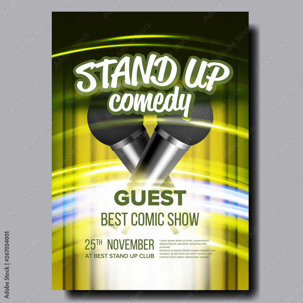 Sticker Invitation Banner Comedy Stand Up Concert Vector. Microphones, Yellow Curtain And Colorful Speed Movement Lights, Template Abstract Banner With Calligraphy Font Text. Realistic 3d Illustration