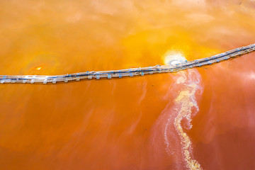 Aerial image of red polluted mining water residuals