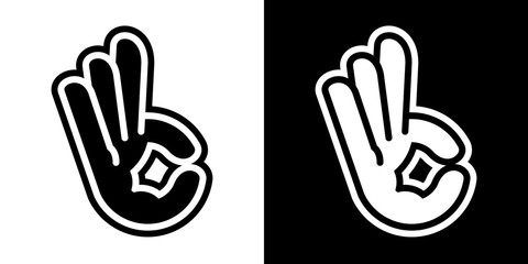 Stylized vector illustrations of human hand with three-pointer basketball sign; icons, isolated on white and black backgrounds.