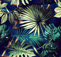 Nahtloses Muster mit tropischen Blättern und geometrischen Formen. Tropischer Hintergrund.