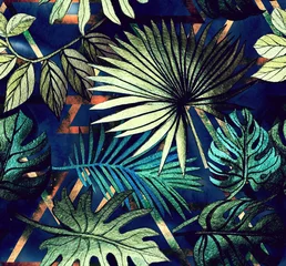 Poster Im Rahmen Nahtloses Muster mit tropischen Blättern und geometrischen Formen. Tropischer Hintergrund. © Арина Трапезникова
