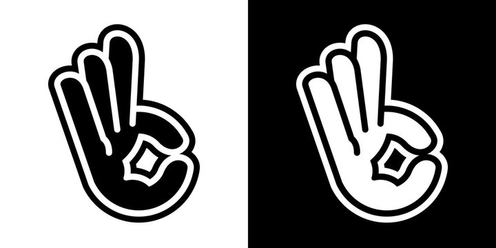 Stylized vector illustrations of human hand with three-pointer basketball sign; icons, isolated on white and black backgrounds.