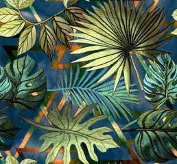 Gordijnen Naadloos patroon met tropische bladeren en geometrische vormen. Tropische achtergrond. © Арина Трапезникова