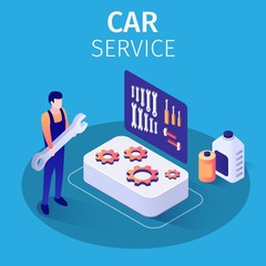 Professional Mechanic Car Service Advertisement Banner. Master Standing with Huge Spanner near Toolbox and Plastic Bottles with Working Auto Liquids for Change. Vector 3d Isometric Illustration
