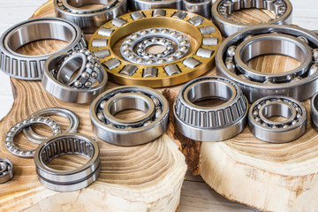 A set of different bearings on the cut of the tree.