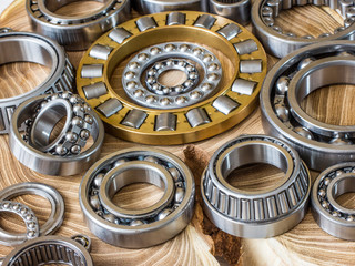 A set of different bearings on the cut of the tree.