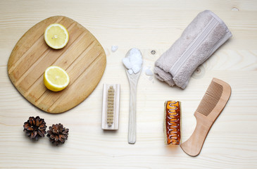Eco friendly natural cleaners, washing soda, lemon, crystalic salt on a wooden background. Europe, Czech republic,