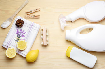 Eco friendly natural cleaners, washing soda, lemon, crystalic salt on a wooden background. Europe,...