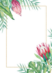 Fototapeta na wymiar Watercolor floral frame, template. Summer illustration for invitation, wedding or greeting cards, postcards