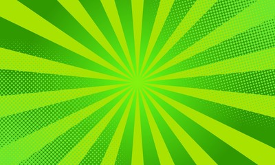 Green rays with halftone dots. Comic retro book page background. Pop art style. Template design for presentation, sale or web banner.