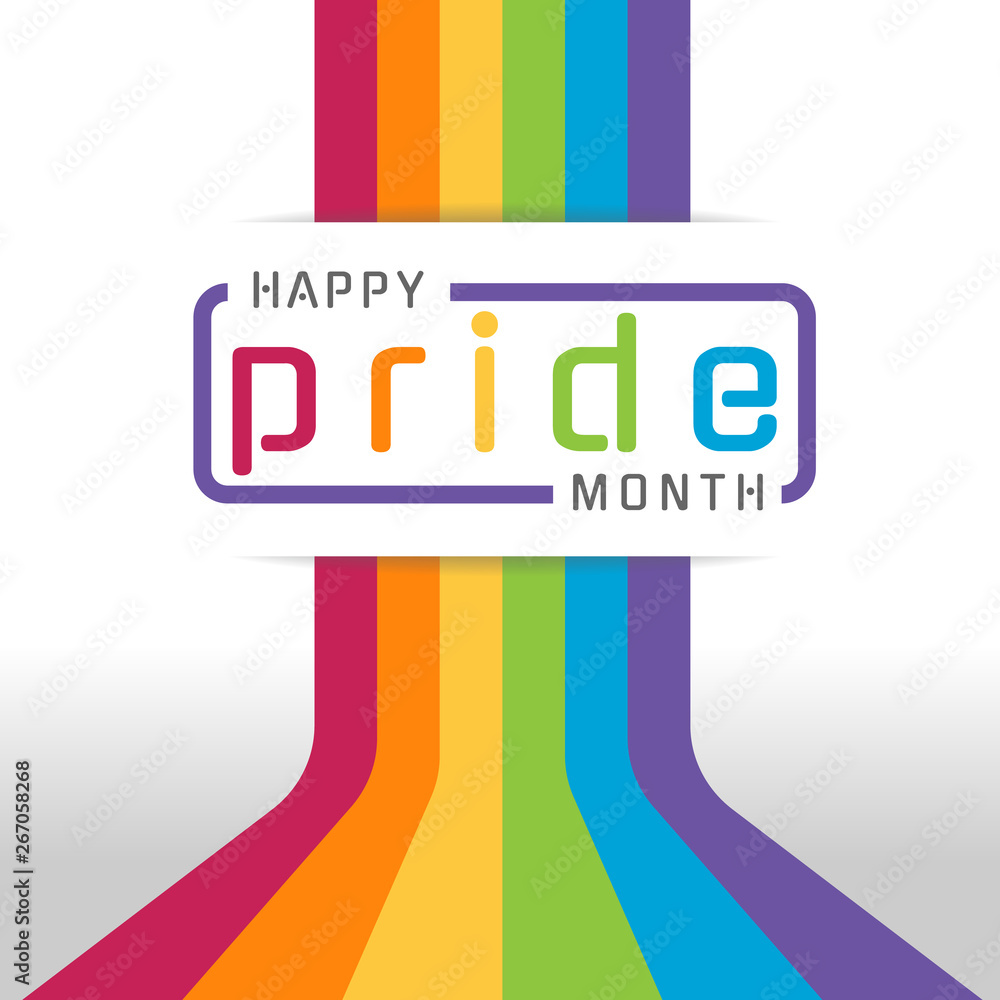Poster happy pride month banner with typography text on line colorful rainbow bend up vector design