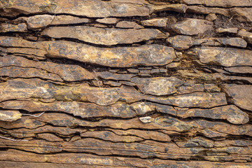 Texture. Abstract background. Layers and cracks in sedimentary rocks on the rock.