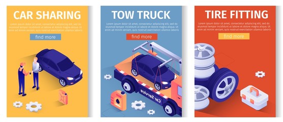 Mobile Text Set for Online Auto Service. Car Sharing, Tow Truck Evacuation, Tire Fitting Offers. Isometric Templates with Transport and Spare Parts. Worker and Client. 3d Illustration Promotion Design