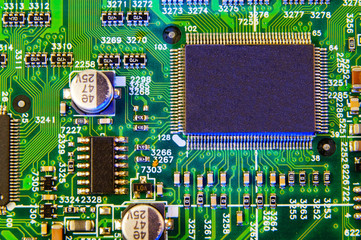 Electronic board components, Motherboard digital chip. Tech science background.