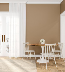 Classic beige empty interior room with dinner table, chairs, curtain, wooden floor and flowers. 3d render illustration.
