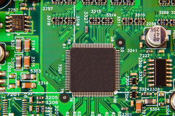 Electronic board components, Motherboard digital chip. Tech science background.