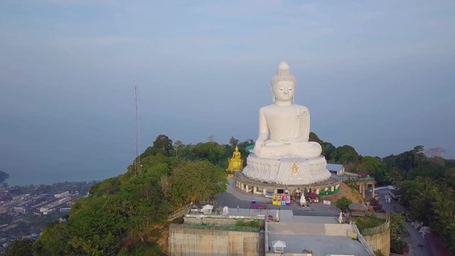 Orbit Drone Shot Of The Famous Big Buddha Marble Statue In Phuket, Thailand.