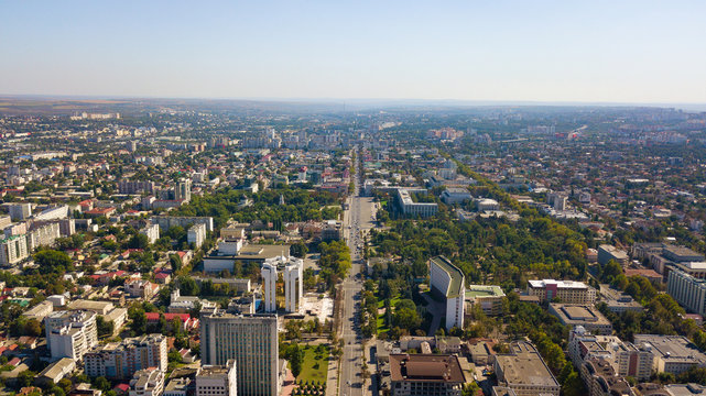 Aerial shot of centre in Chisinau City. Presidential Palace and Parliament. Chisinau, Moldova