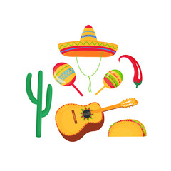 Cinco de Mayo. 5th of May. Cinco de Mayo. 5th of May. Sombrero, Maracas and Guitarrone. Mexican broad-brimmed straw hat, chili pepper, cactus and taco.
