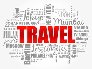 TRAVEL word cloud concept made with words cities names, business concept background