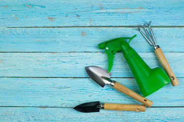 Composition with flowers and gardening tools on the wooden background with space for text. Top view.
