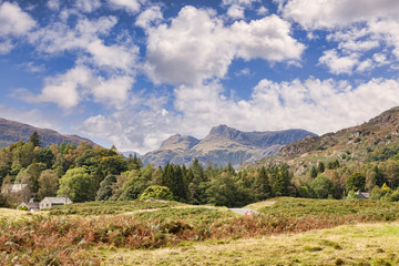 Langdale Pikes from Elterwater, Lake District National Park, Cumbria, England, UK