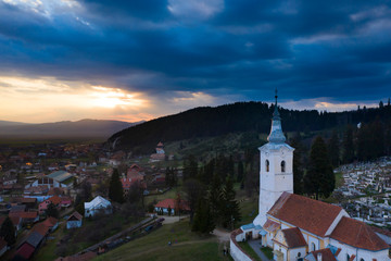 Dramatic sunset in Transylvania view from a drone.